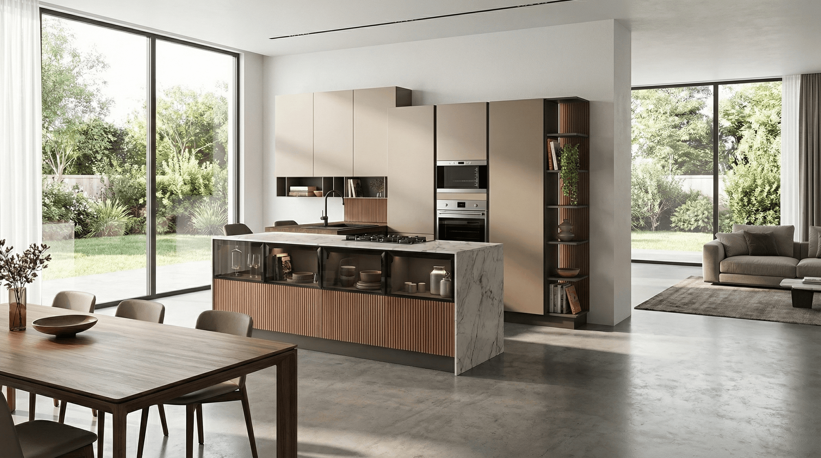 Cucina aperta con isola in marmo bianco